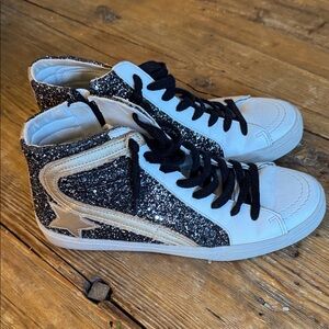 Stylish Black and White Glitter Women's High-Top Sneakers